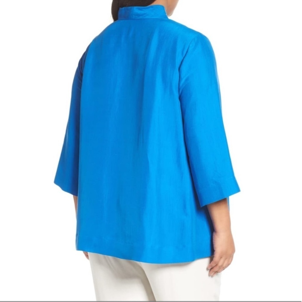 Eileen Fisher Silk Dupioni High Collar Top Catalina Blue VNeck Long Sleeve - Picture 7 of 12